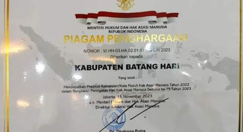 Kabupaten Batanghari Kembali Terima Penghargaan Kabupaten Peduli HAM